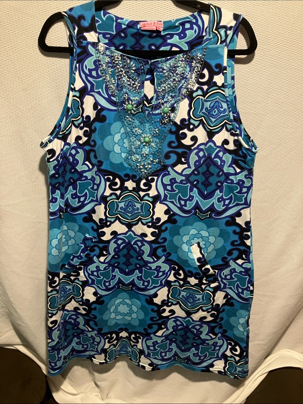 Beaded Neckline Blue Patterned Midi Dress - Picture 1 of 11